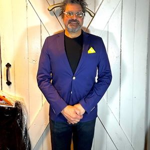 Scotch and soda sports coat navy Blazer silk pocket square satin lined XL slim